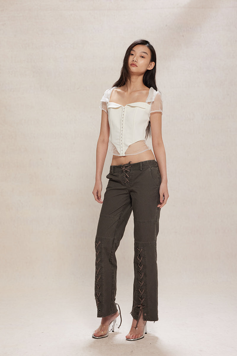 Dotyears24ss Lace-up design wash grey distressed straight-leg denim trousers