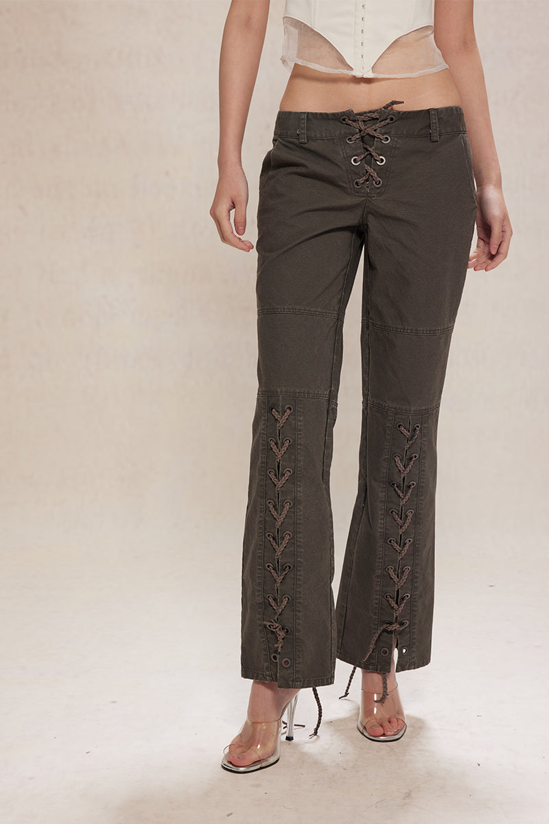 Dotyears24ss Lace-up design wash grey distressed straight-leg denim trousers