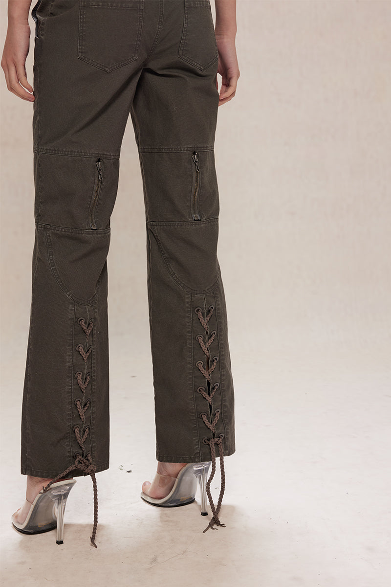 Dotyears24ss Lace-up design wash grey distressed straight-leg denim trousers