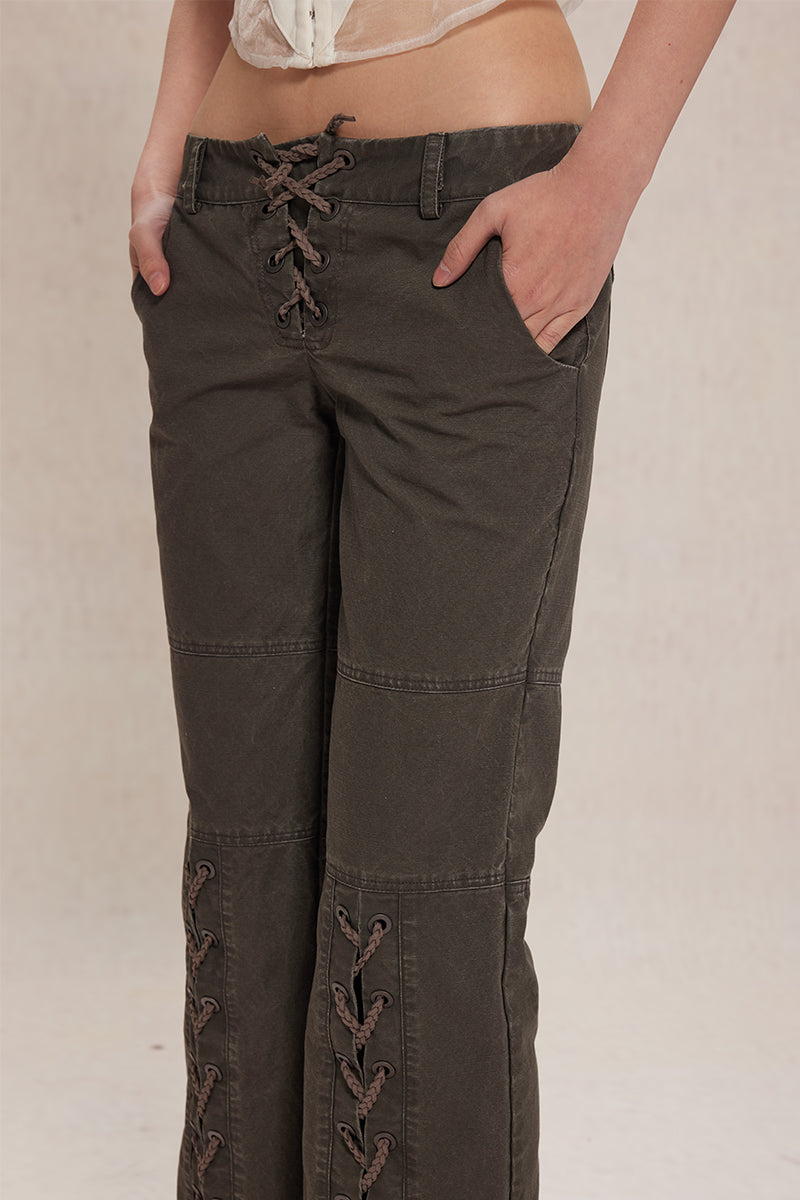 Dotyears24ss Lace-up design wash grey distressed straight-leg denim trousers