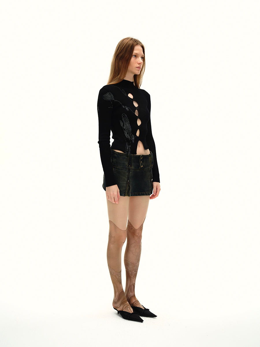 Dotyears Hoop print cut-out two-color front and back sweater