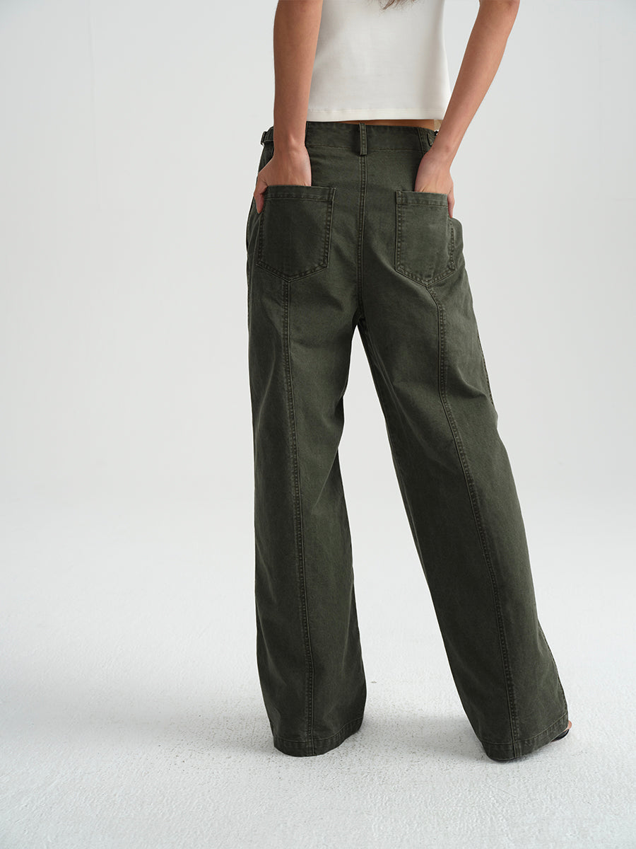Hughum Army green cotton washed cargo casual low-rise straight trousers