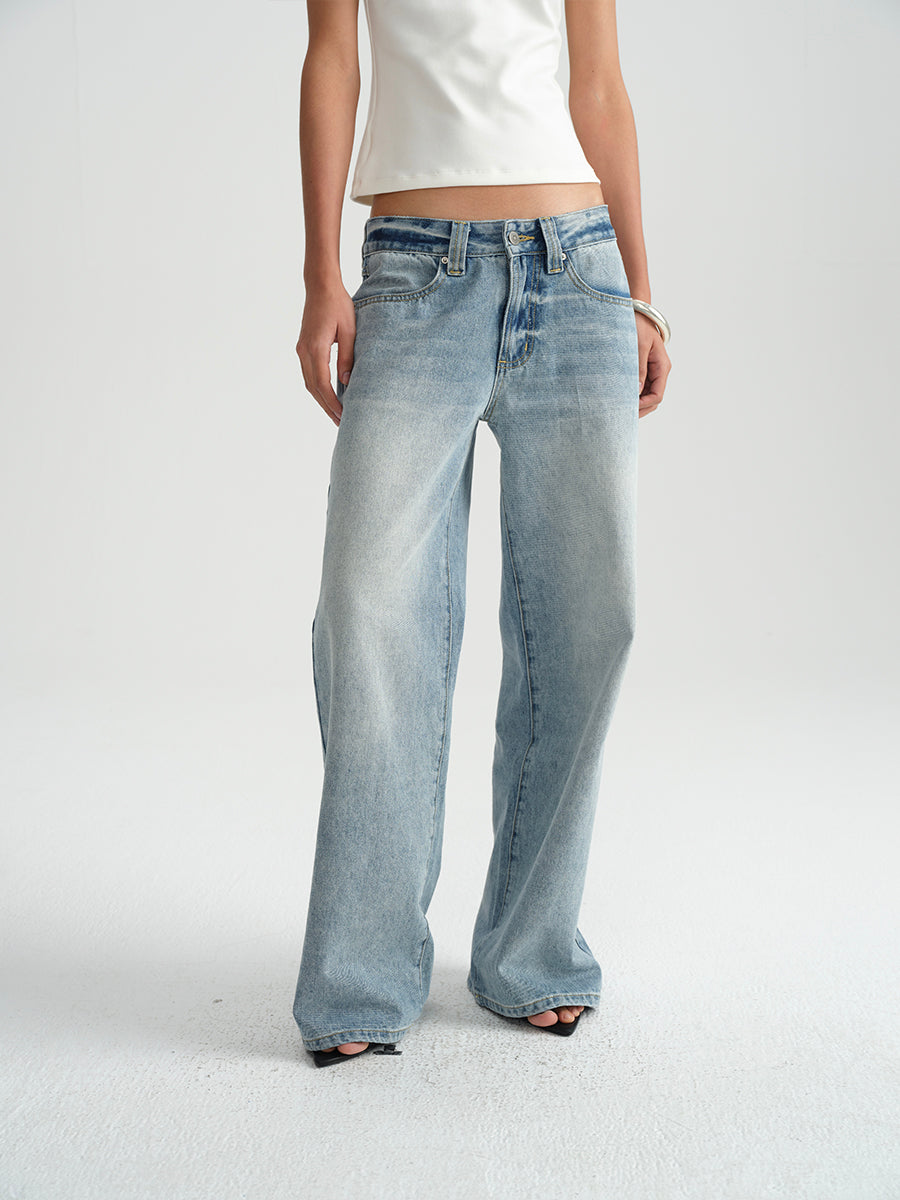 Hughum Washed white light blue straight-leg low-rise jeans