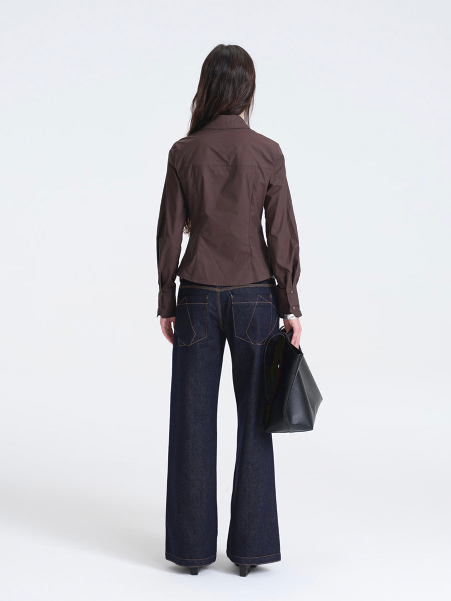 Hughum Café Brown Cotton Shirt with Asymmetric Placket and Waist Tie
