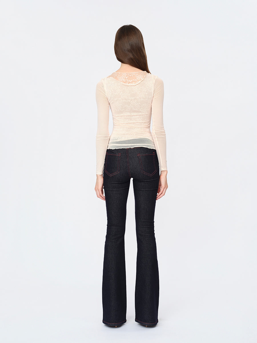 Dotyears Lace Mesh False-Layer Top with Rhinestone Details