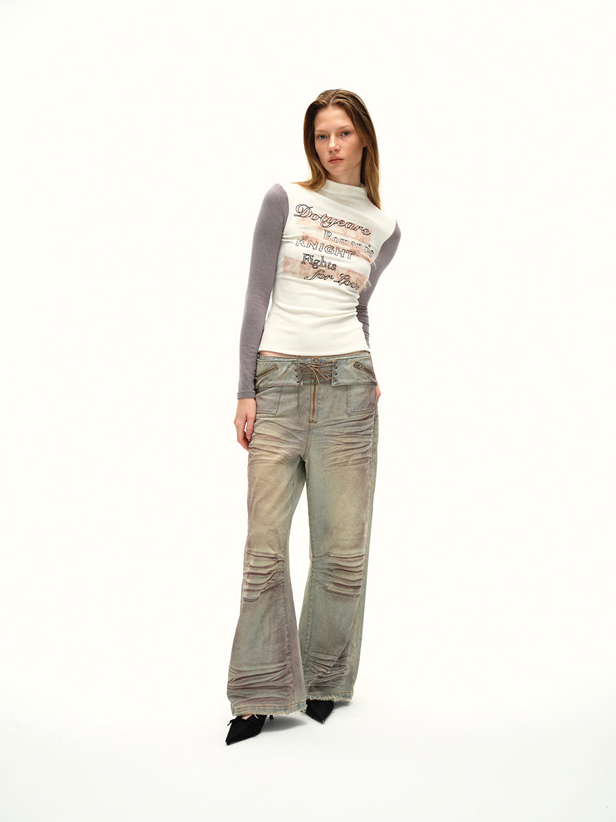 Dotyears24AW Niche original design retro distressed purple gray wide-leg strappy jeans